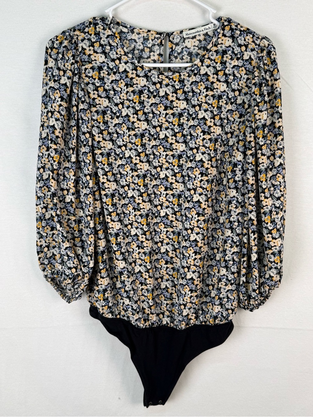 Abercrombie & Fitch Navy Floral Puff-Sleeve Bodysuit with Yellow Accents
